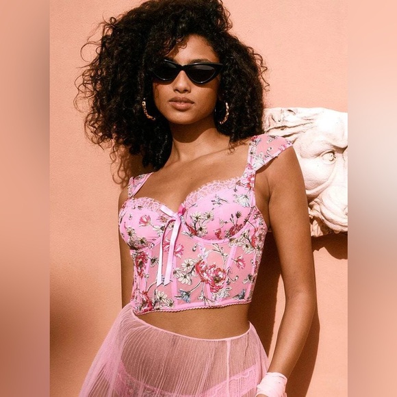 Victoria's Secret Pink Floral Embroidered Cap Sleeve Corset Top Women’s Medium - Picture 3 of 15